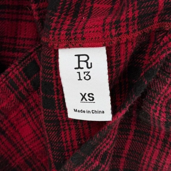 R13 Tie Flannel Midi Shirt Dress Women XS Red Black Plaid Grunge Asymmetric - Picture 10 of 16